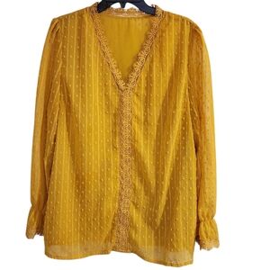 Womens Sz XL Tunic Blouse Mustard Yellow Long Sleeve Swiss Dot Lace Detail Lined